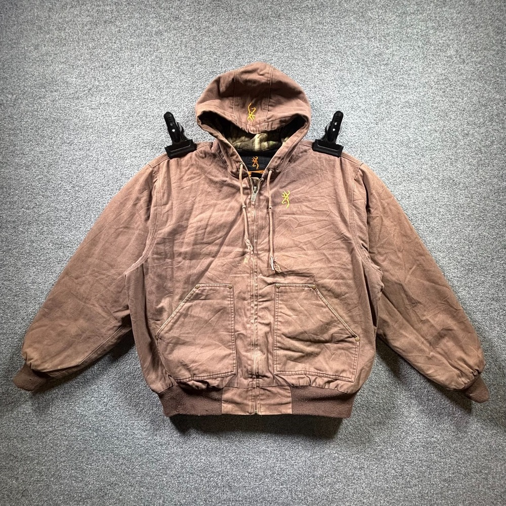 Browning Bomber Jacket Men XL Brown Canvas Full Zip Hooded Fleece Lined Workwear